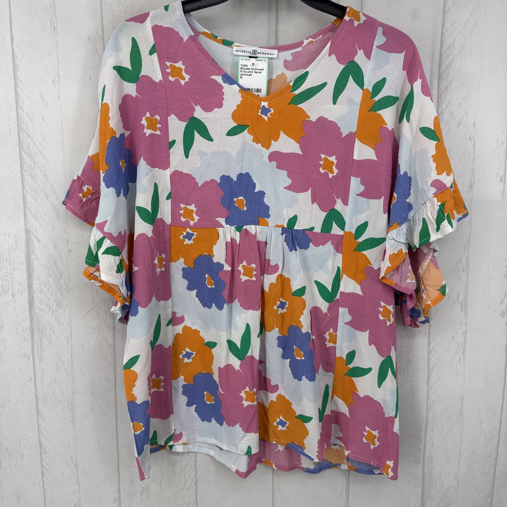 M flo print tiered ruffled slv top