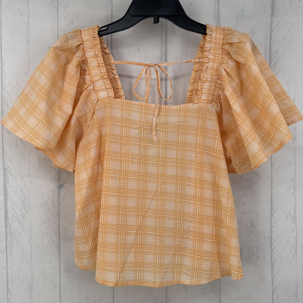 S puffy s/s plaid top
