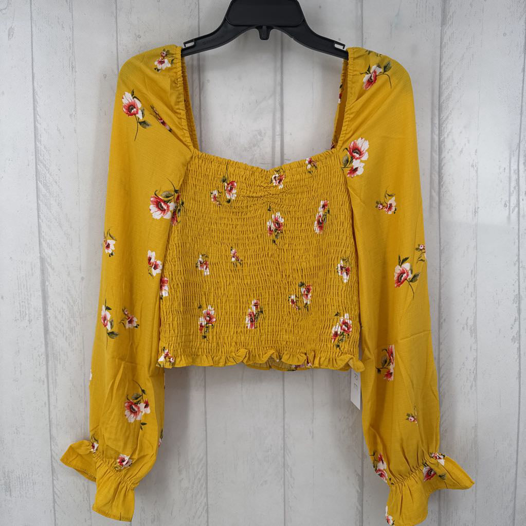 M l/s flower print smocked crop top