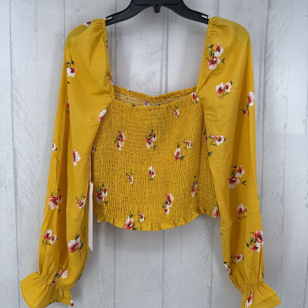 M l/s flower print smocked crop top