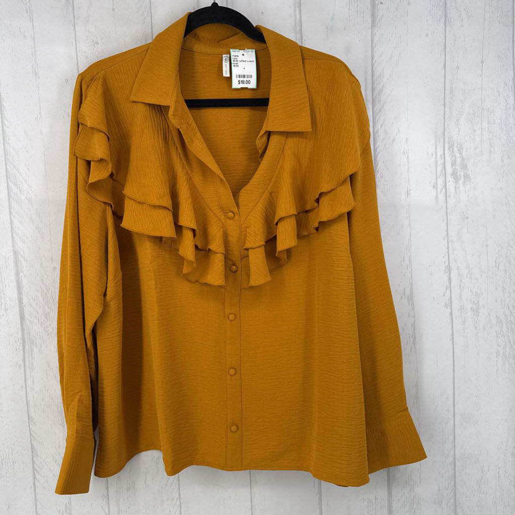 18/20 ruffled v-neck button down l/s top
