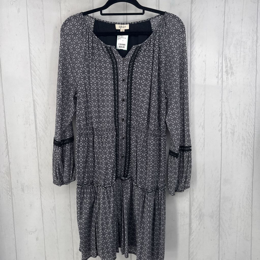 XL printed ric-rac detail l/s dress
