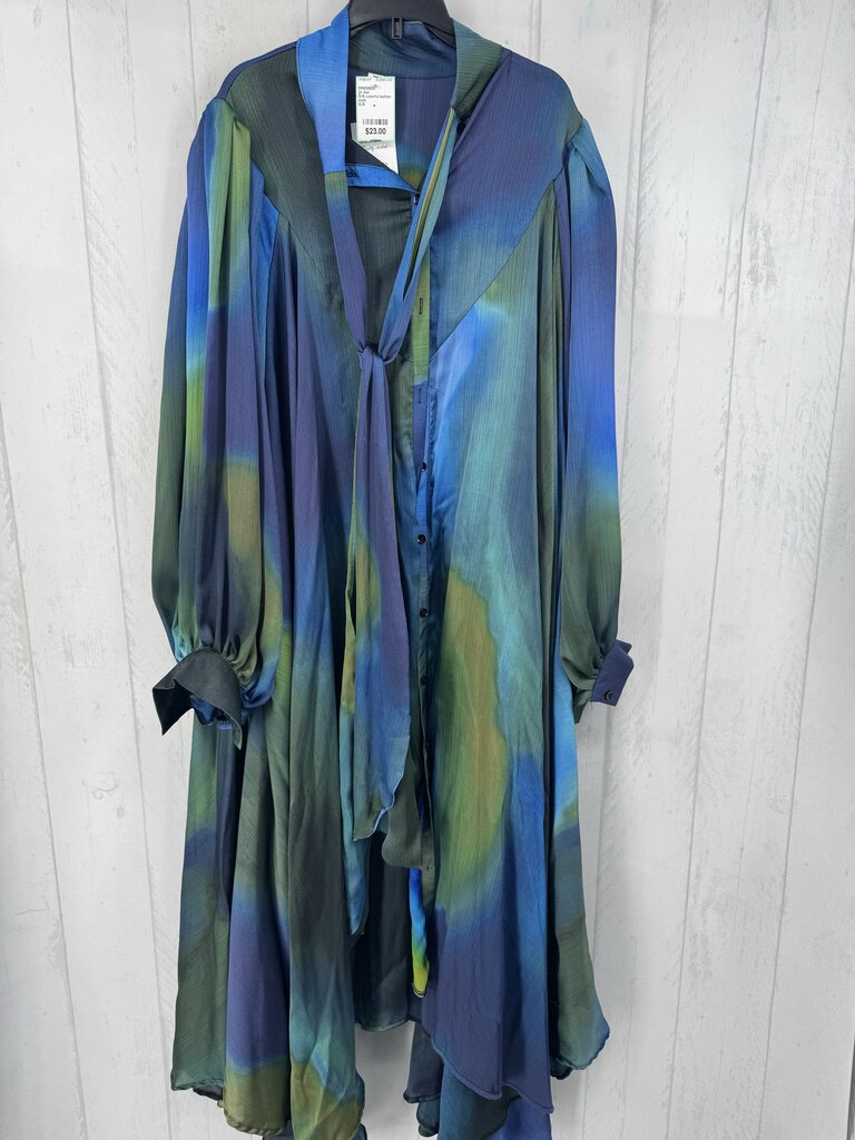 O/S colorful button down belted l/s dress