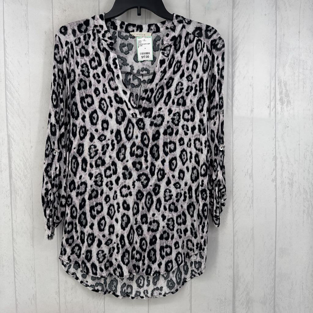 S animal print split neck 3/4 slv top