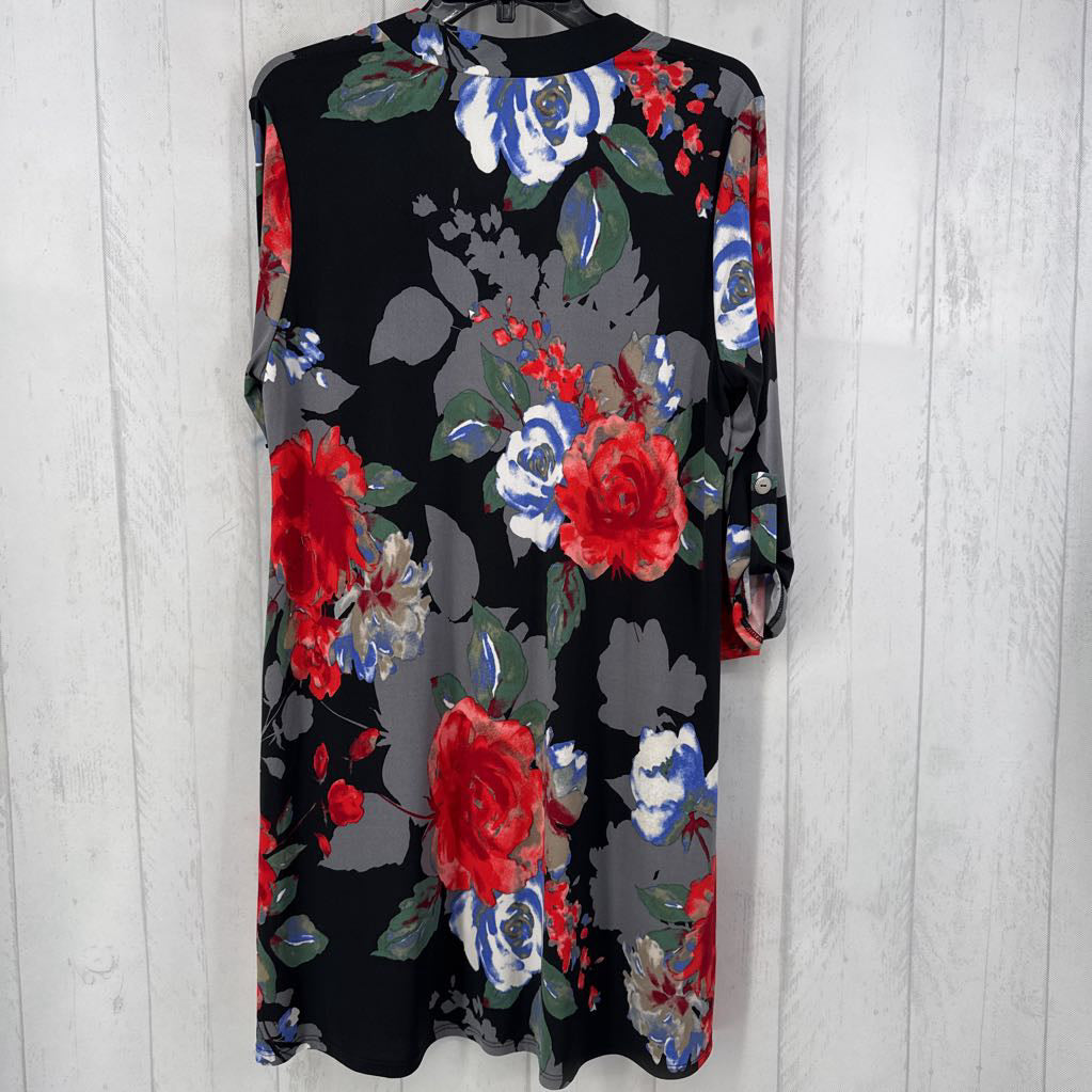 L split neck flo print tab slv dress