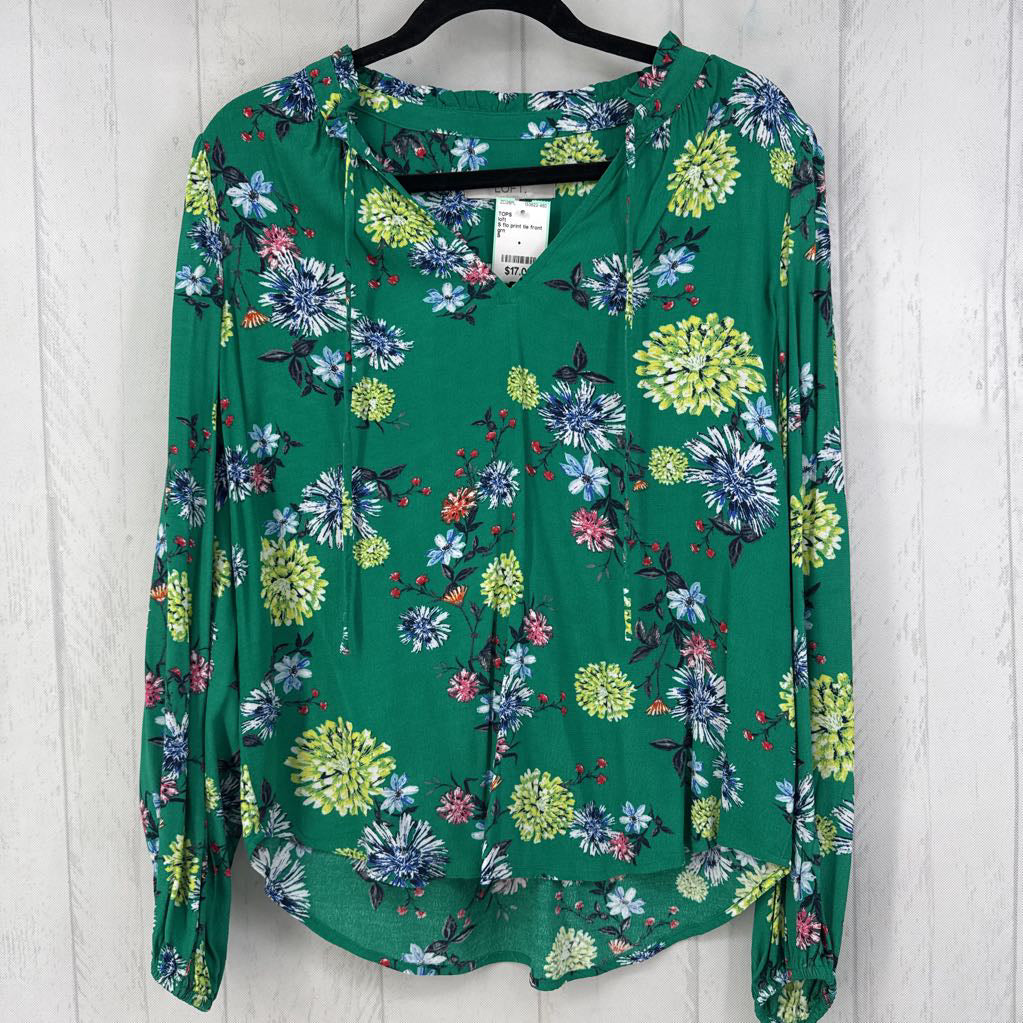 S flo print tie front l/s top