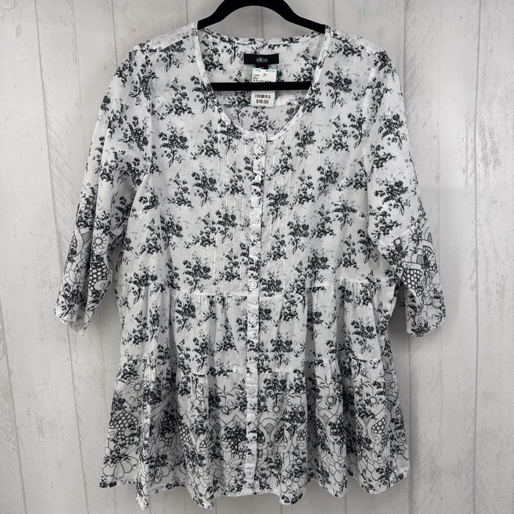 M flo print button down 3/4 slv top