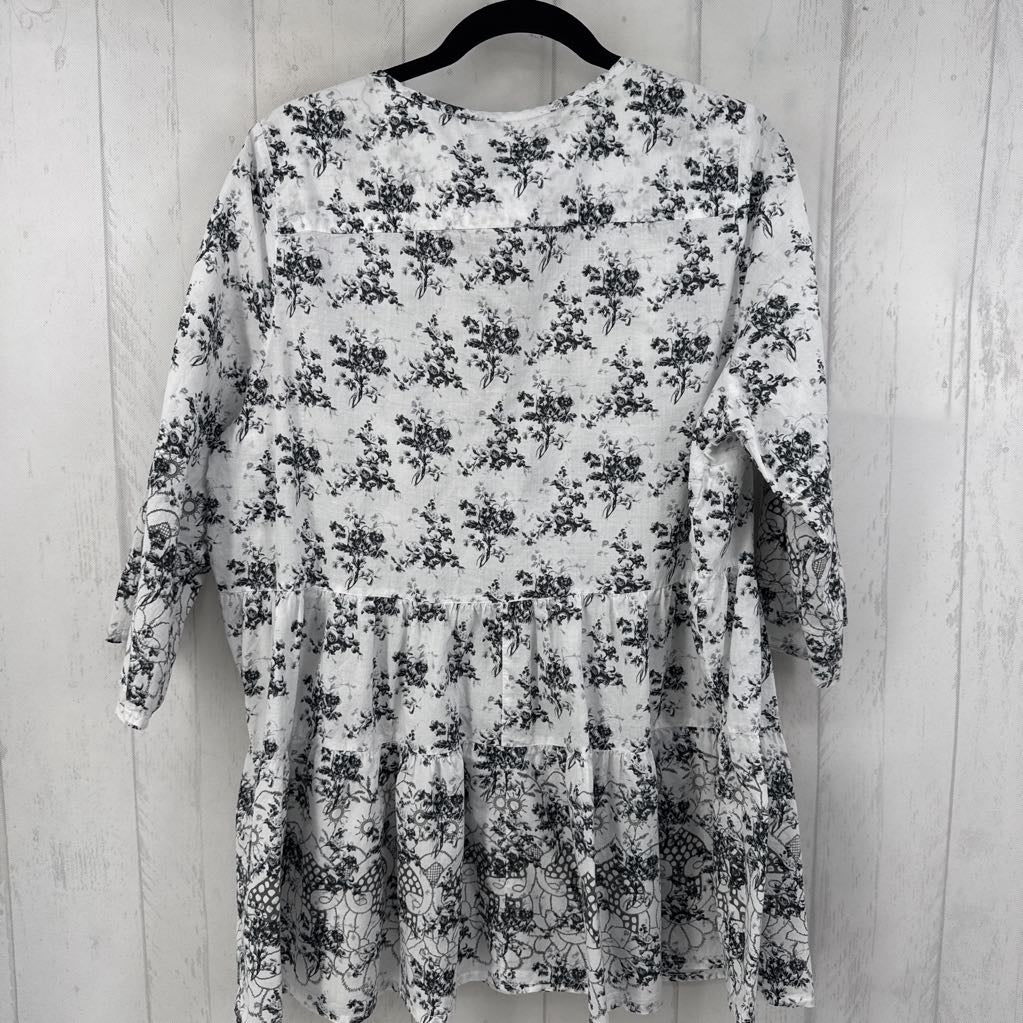 M flo print button down 3/4 slv top