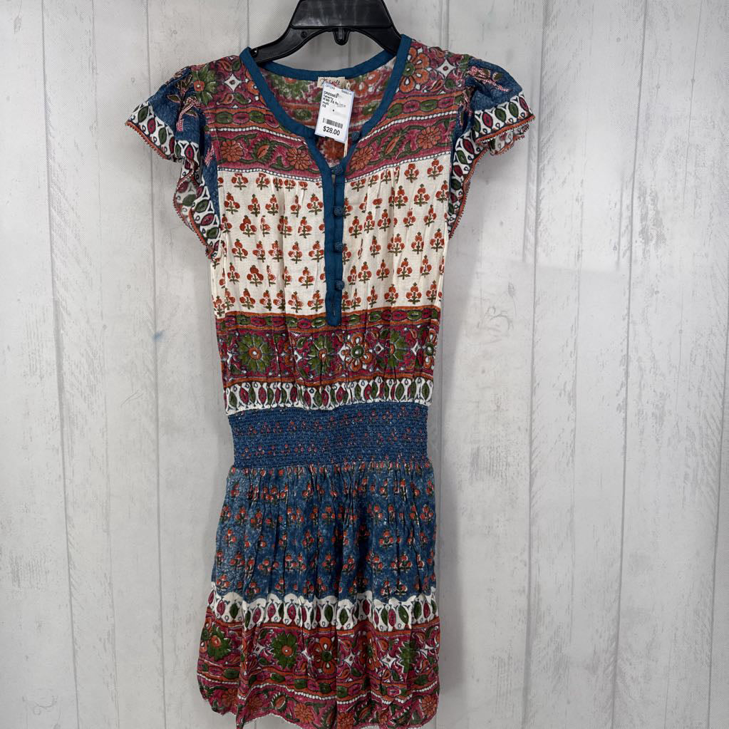 R168 XS flo print smocked waist s/s dress