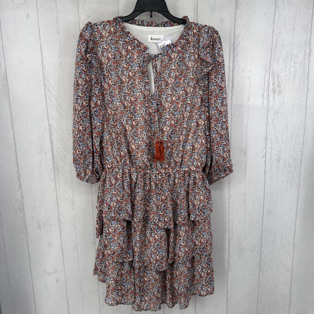 M flo print tassel tie l/s dress