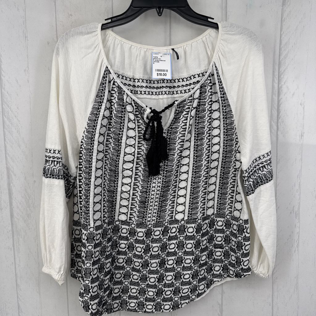 S embroidered tassel tie l/s top