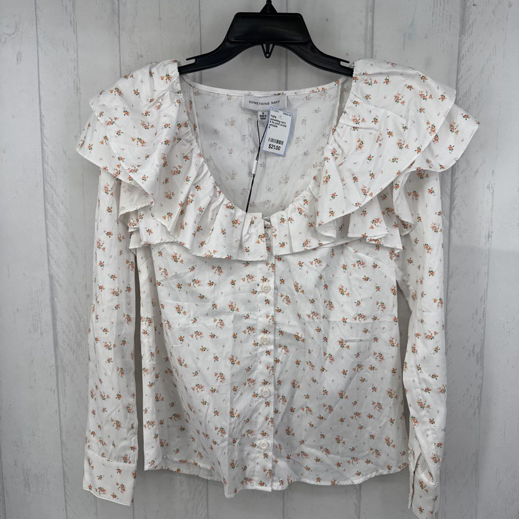 S flo print scoop neck button down l/s top