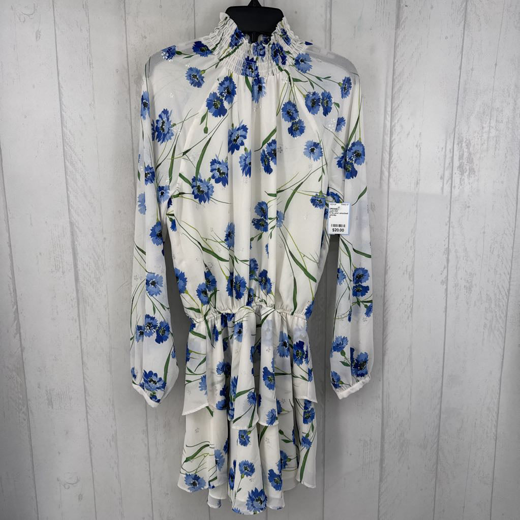 S flo print smocked neck l/s dress