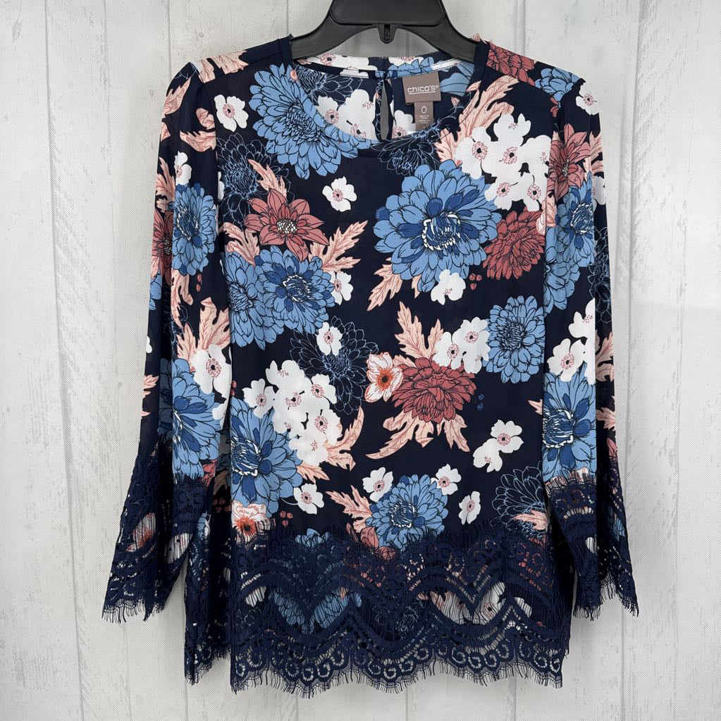 S flo print lace trim l/s top