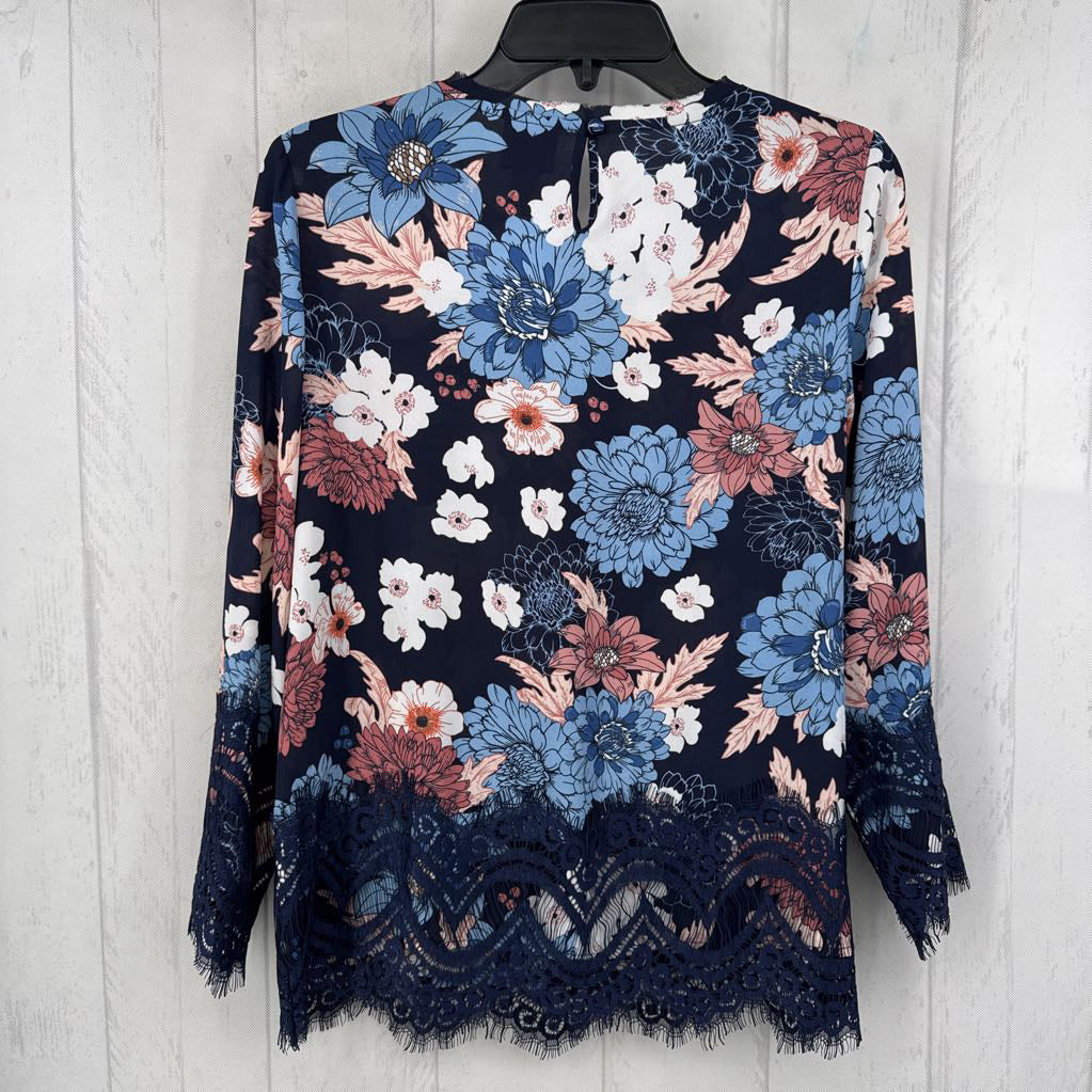 S flo print lace trim l/s top