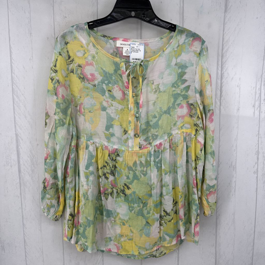 S semi sheer tie front 3/4 slv top