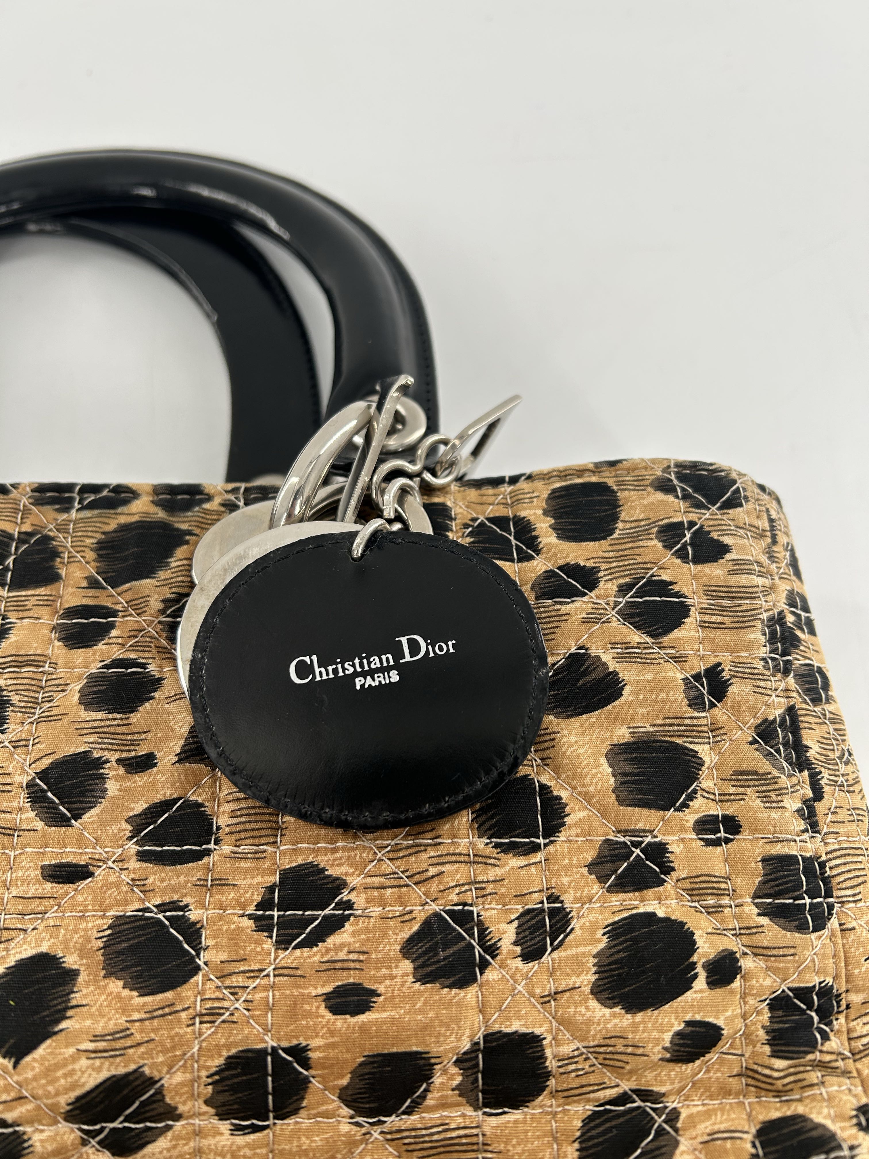 Christian Dior Lady Dior Cannage Quilt Canvas Leopard Print Handbag