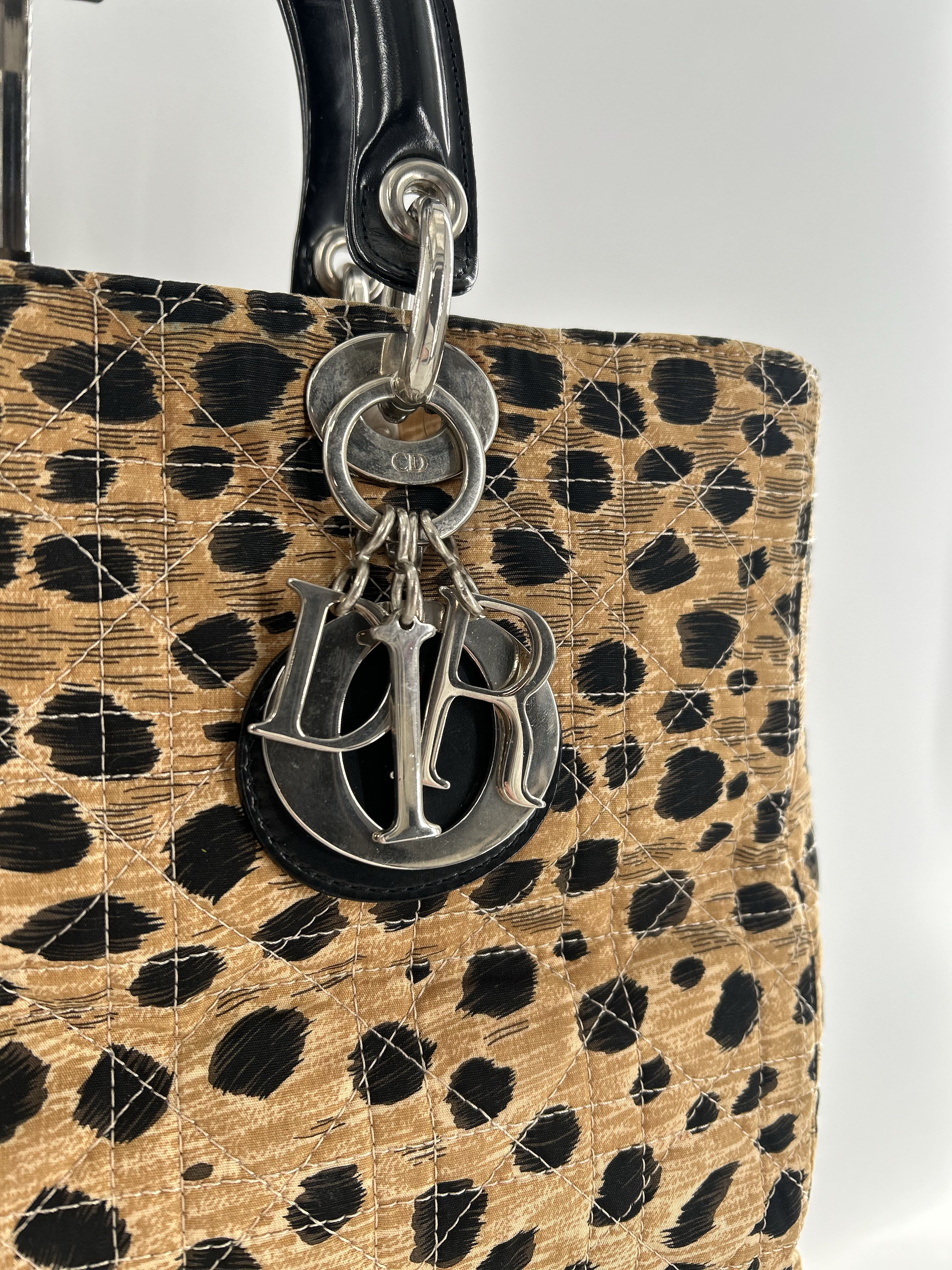 Christian Dior Lady Dior Cannage Quilt Canvas Leopard Print Handbag
