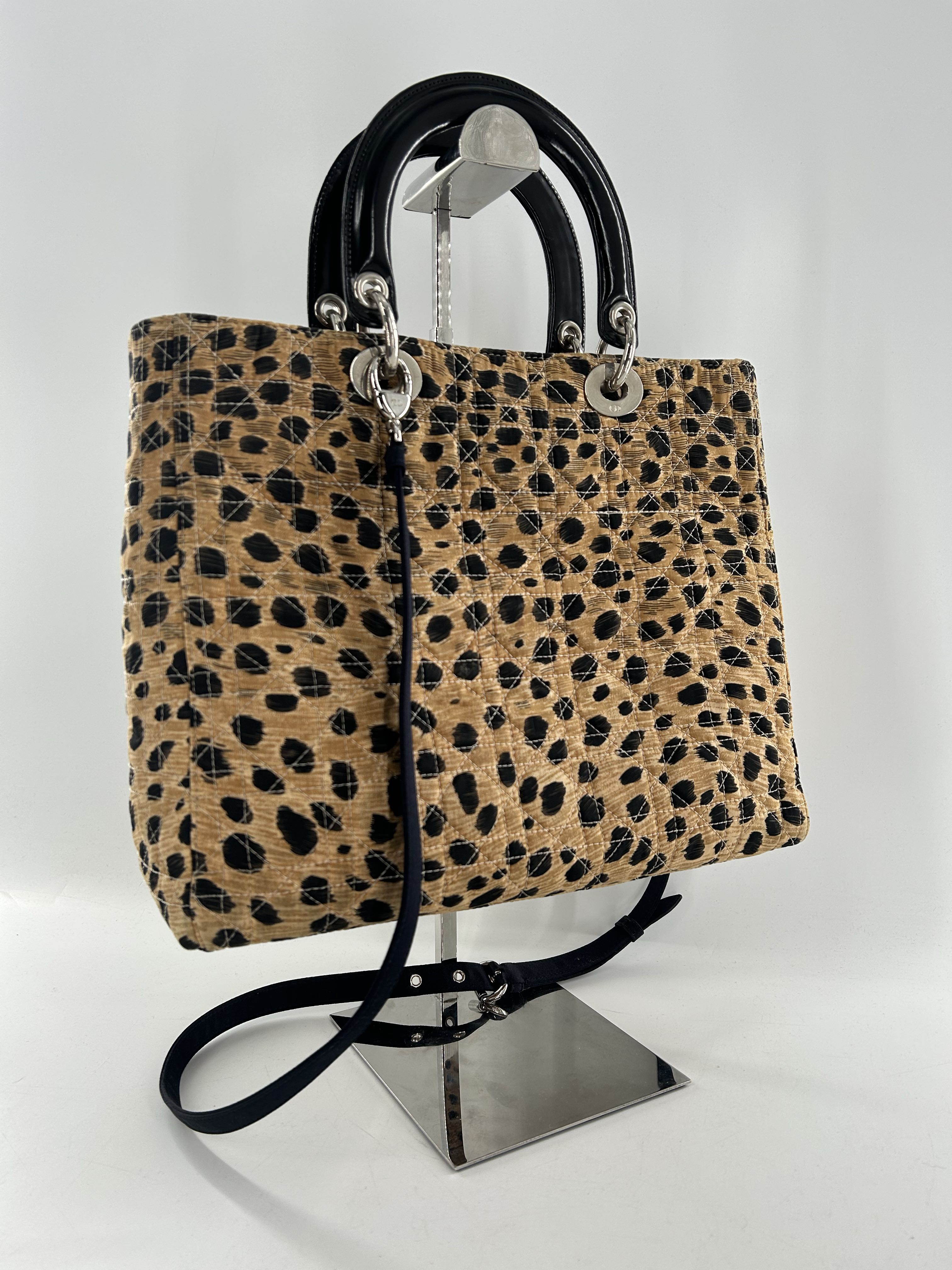 Christian Dior Lady Dior Cannage Quilt Canvas Leopard Print Handbag
