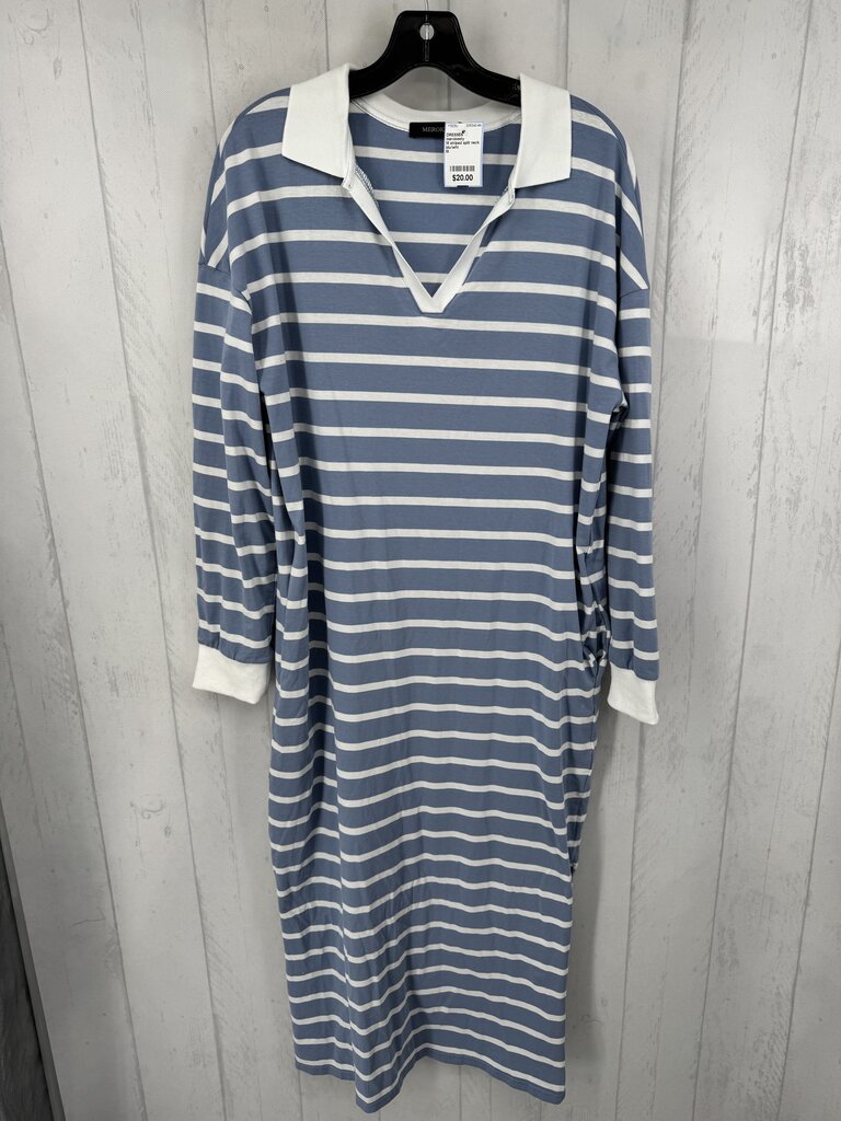 M striped split neck l/s dress