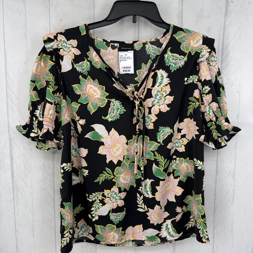 M flo print tie front s/s top