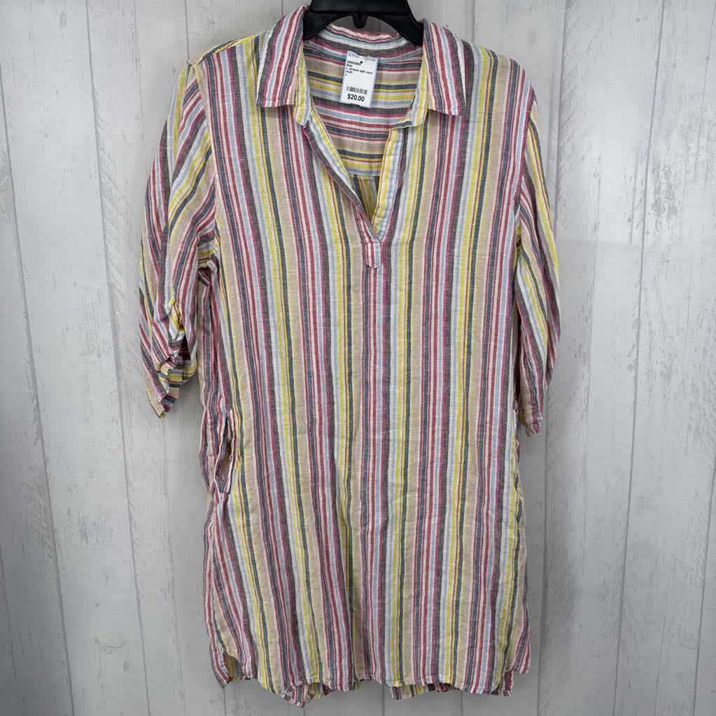 L striped split neck 3/4 slv dress