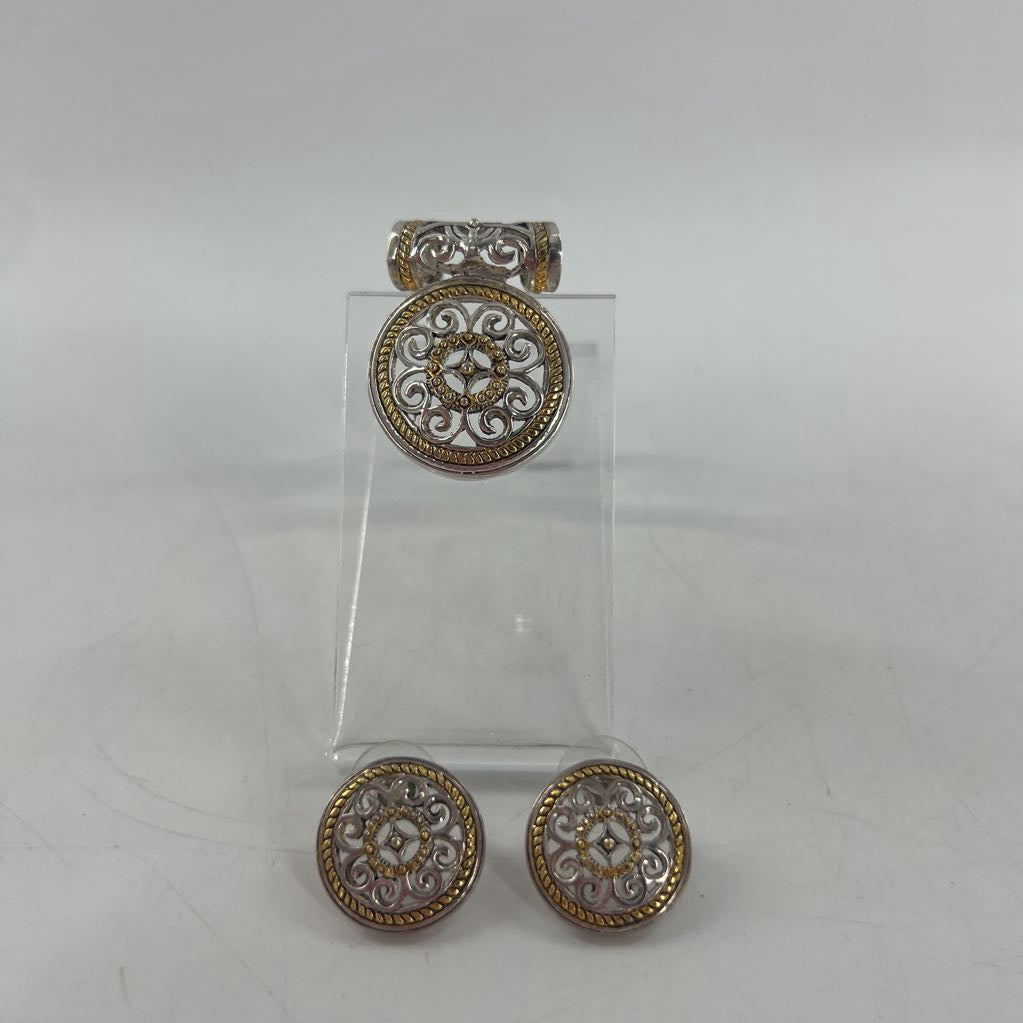 silver & gold medallion earrings & pendant set