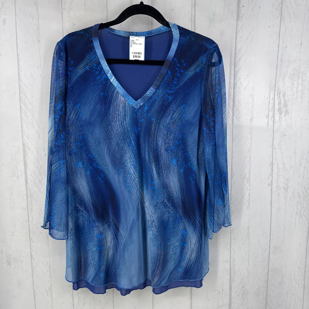 XL printed v-neck sheer slv top