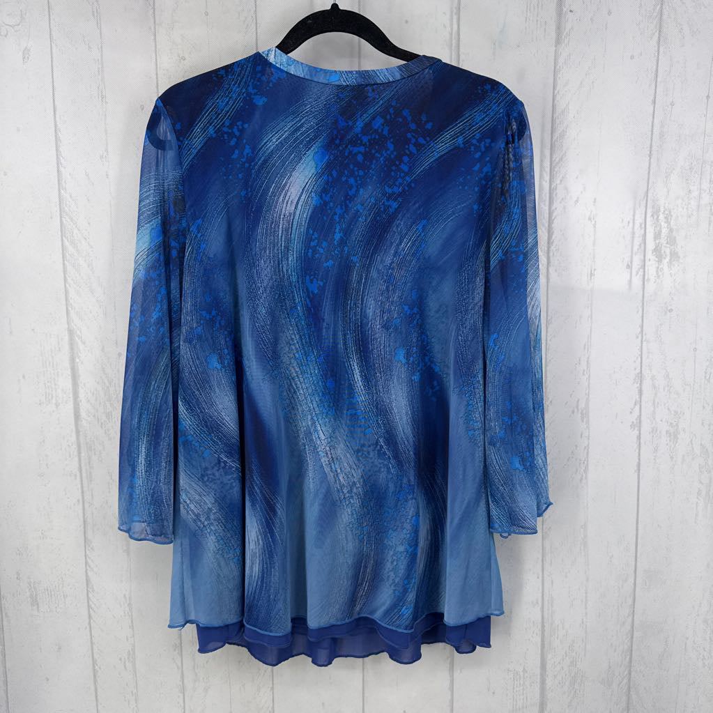 XL printed v-neck sheer slv top