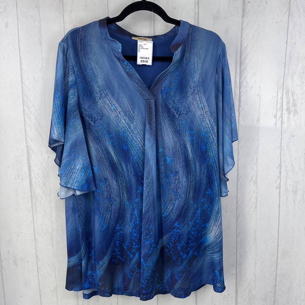 XL printed split neck sheer slv top