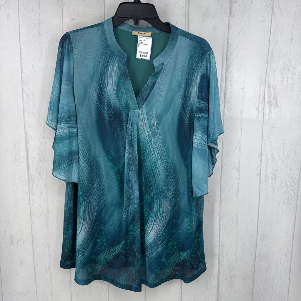 XL printed split neck sheer slv top