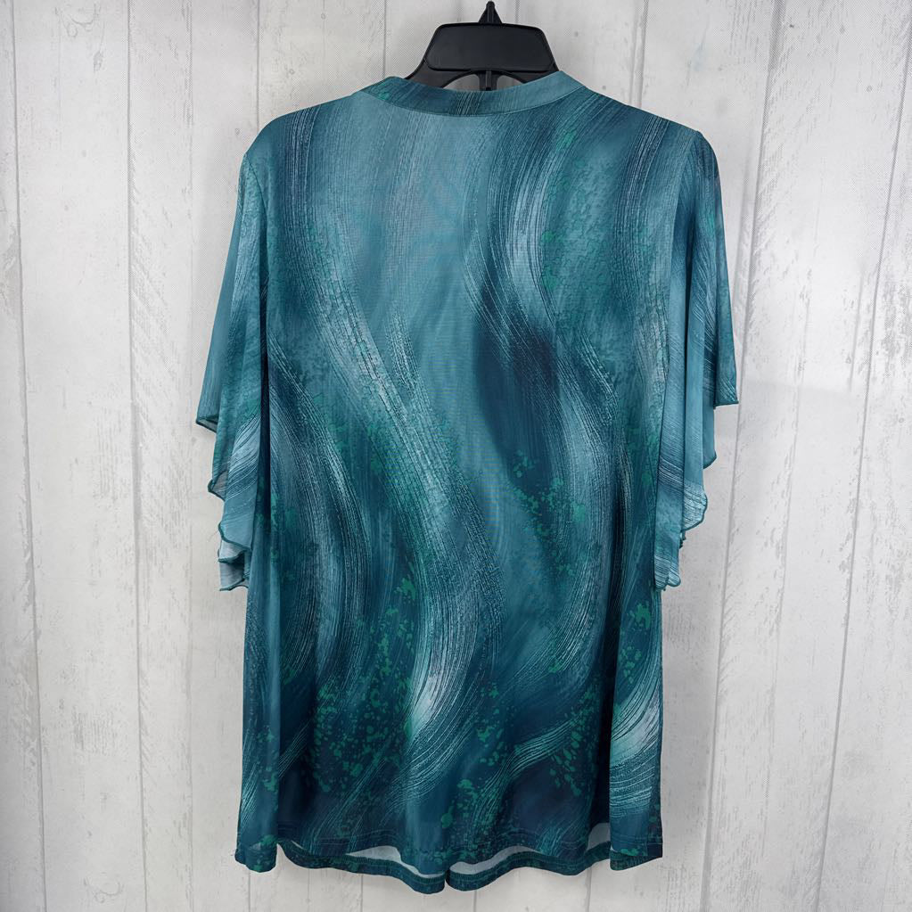 XL printed split neck sheer slv top