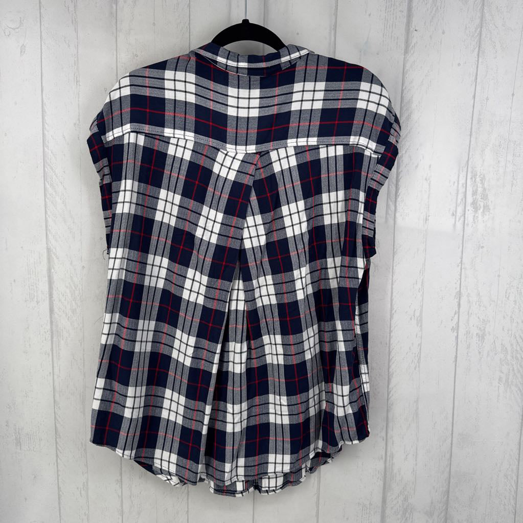 XL plaid button down cap slv top