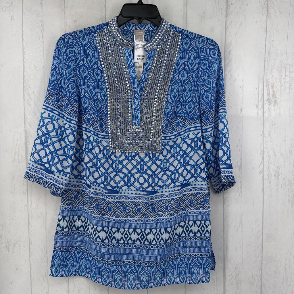 R129 Sp embelished printed 3/4 slv tunic