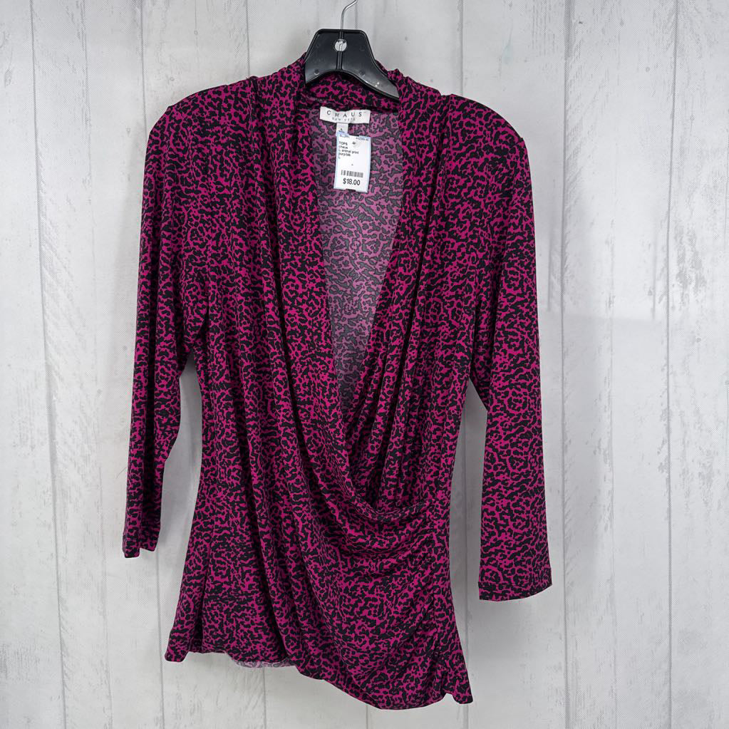 L animal print crossover 3/4 slv top