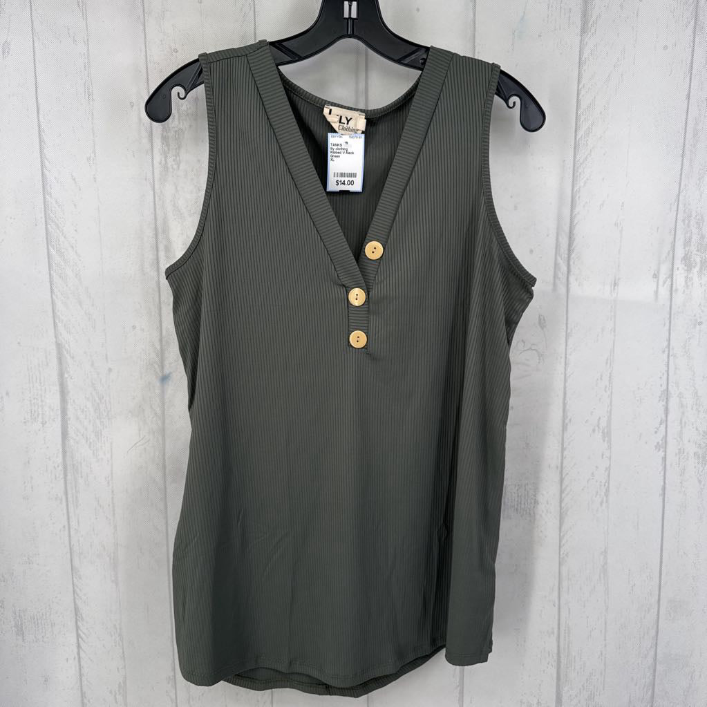 Ribbed V-Neck Tank w/ Decorative Buttons