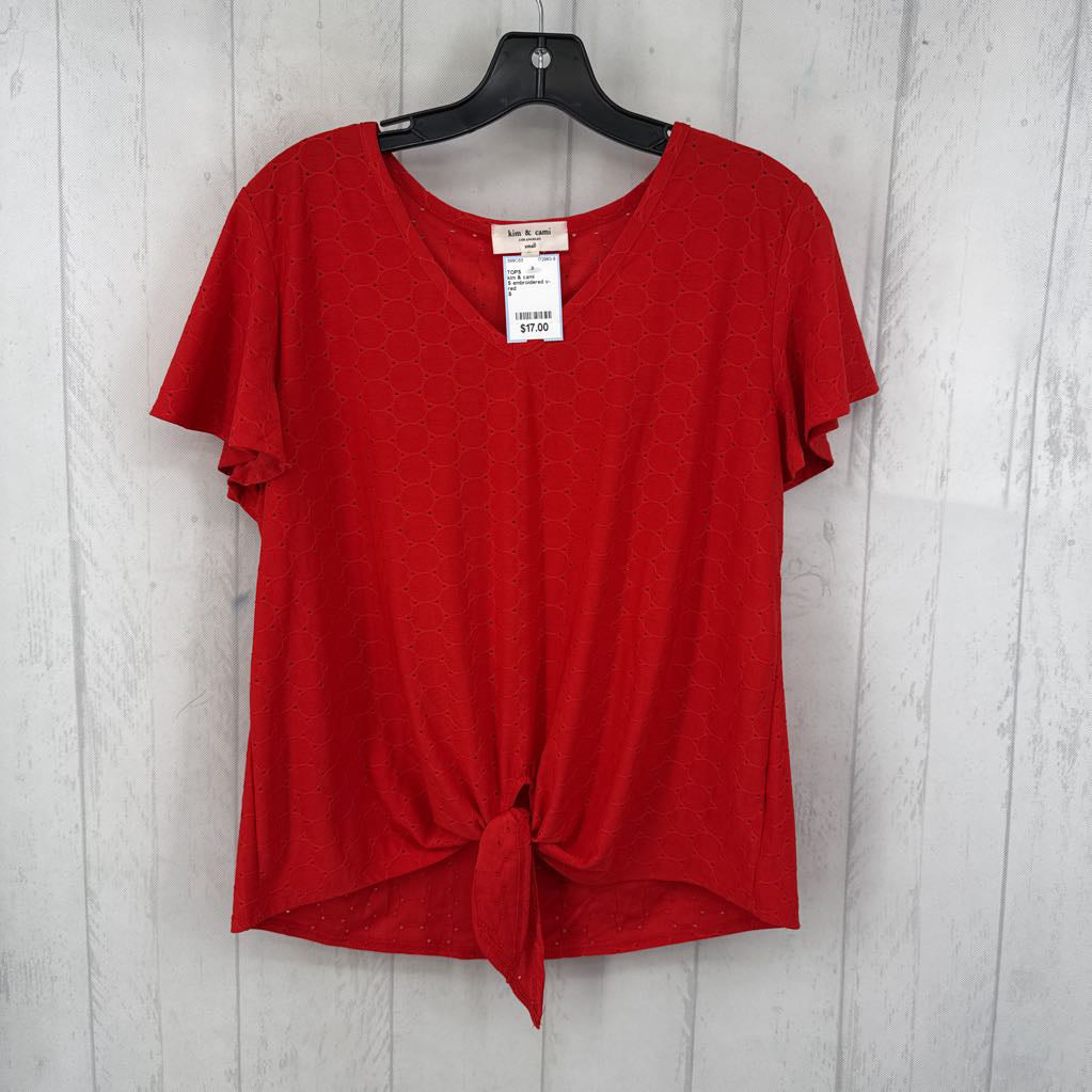 S embroidered v-neck s/s top