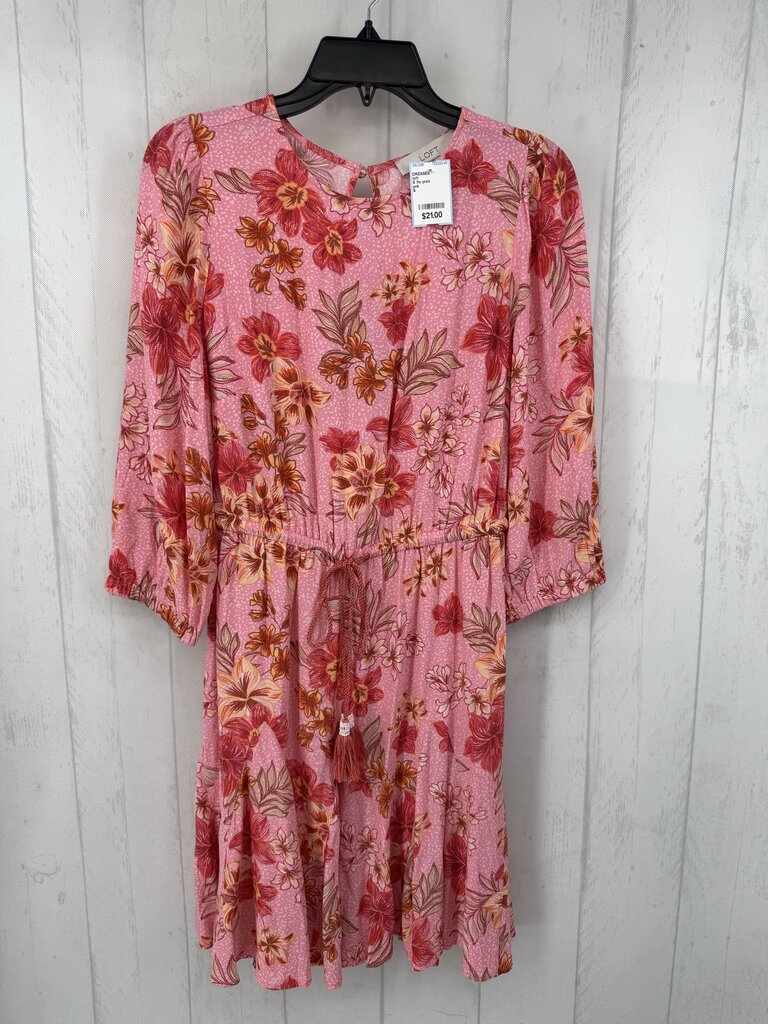 S flo print drawstring waist l/s dress
