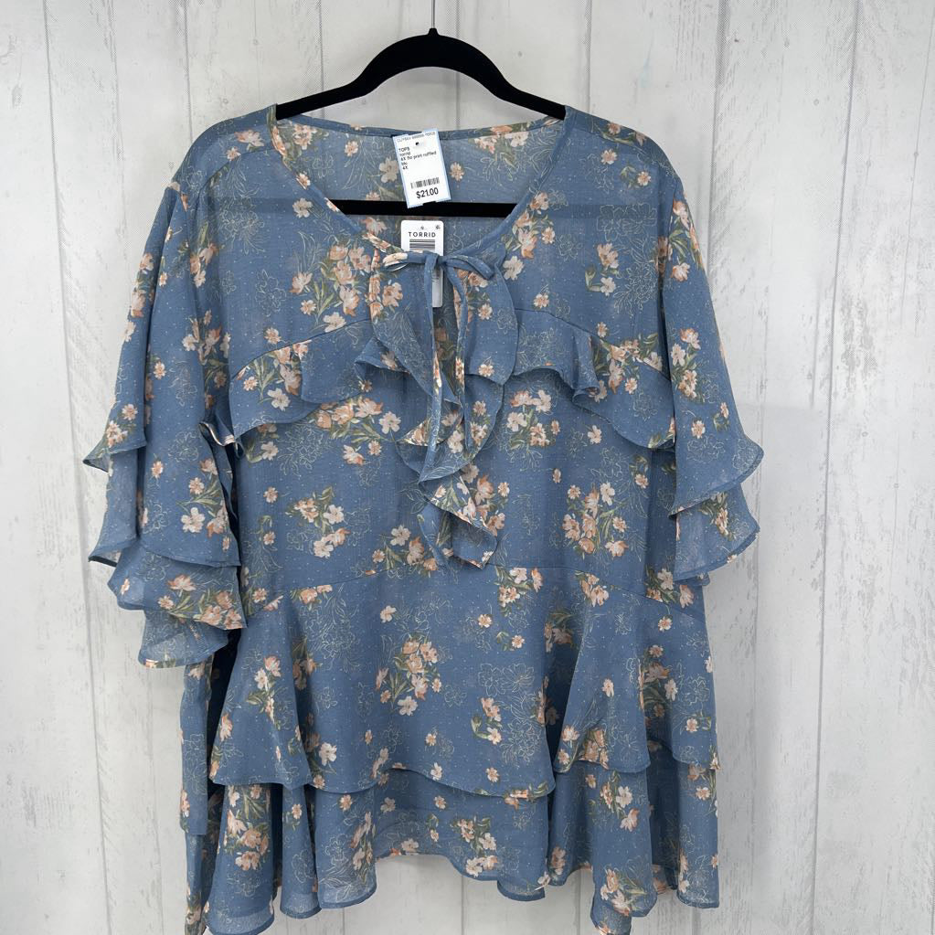 4X flo print ruffled s/s top