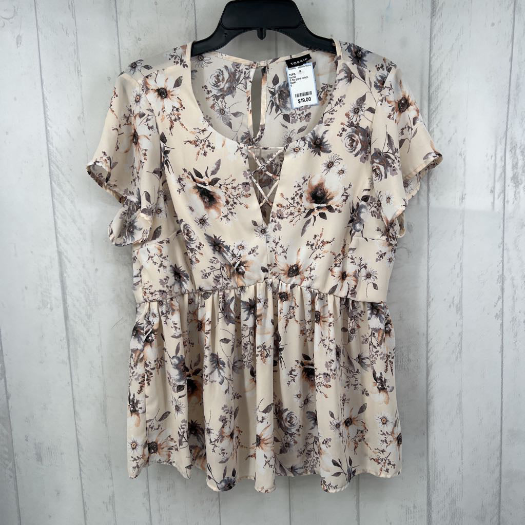 0 flo print notch neck s/s peplum top