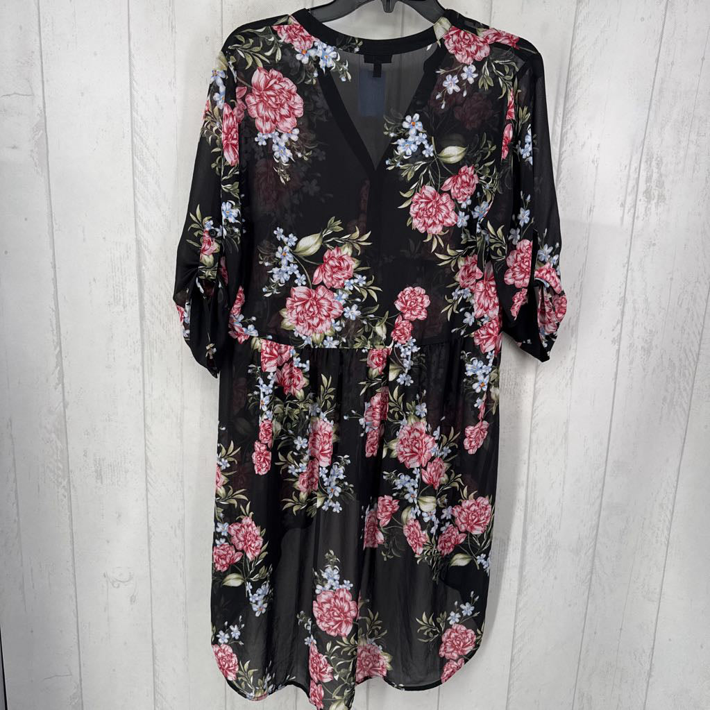 L(00) tab slv sheer flower print button hi-low top
