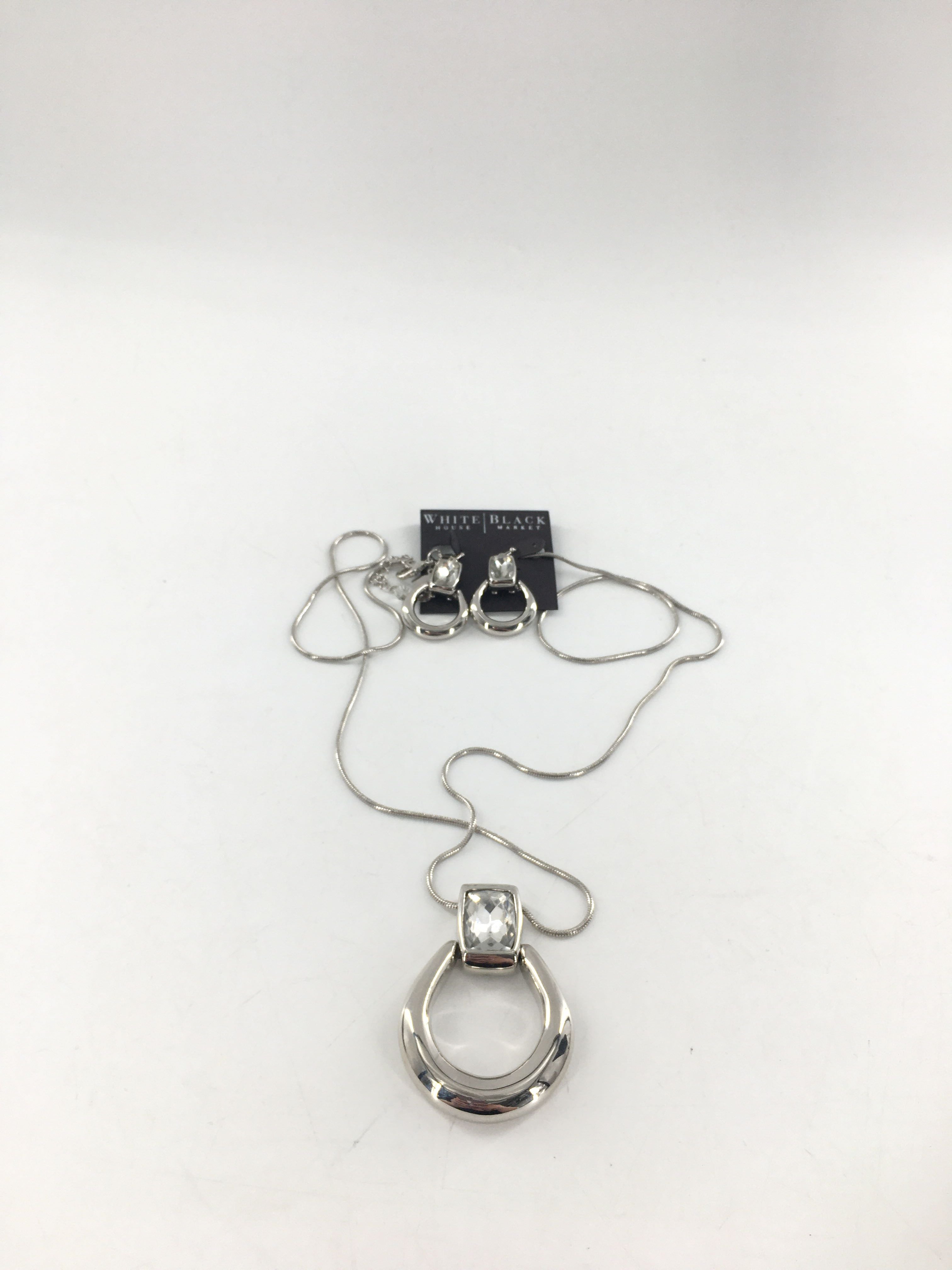 20" silver tone clear stone pendant necklace & earrings
