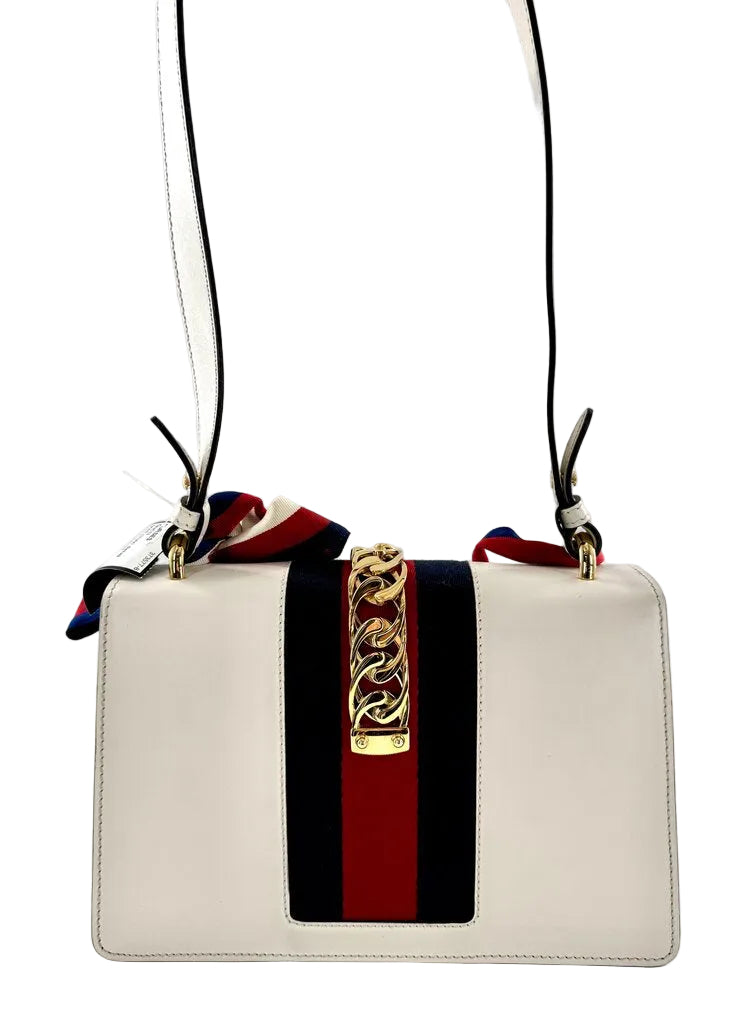 Gucci Calfskin Small Sylvie Shoulder Bag Off White w/ Ribbon Strap