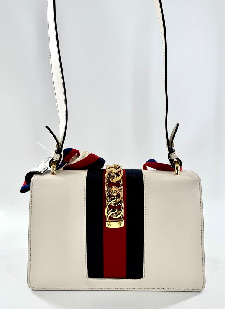 Gucci Calfskin Small Sylvie Shoulder Bag Off White w/ Ribbon Strap