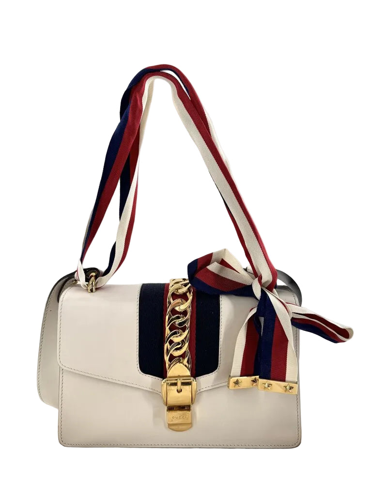 Gucci Calfskin Small Sylvie Shoulder Bag Off White w/ Ribbon Strap
