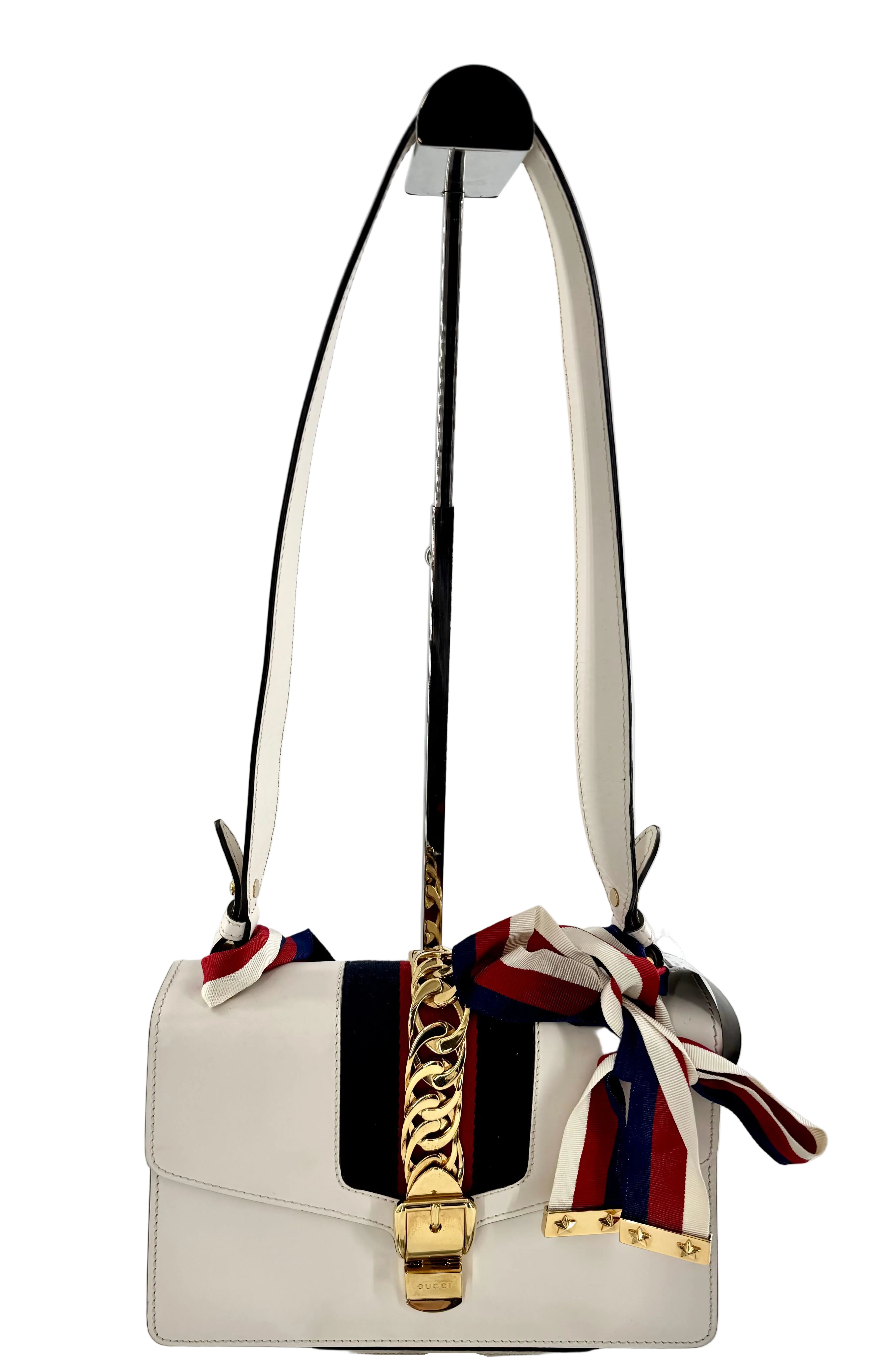 Gucci Calfskin Small Sylvie Shoulder Bag Off White w/ Ribbon Strap