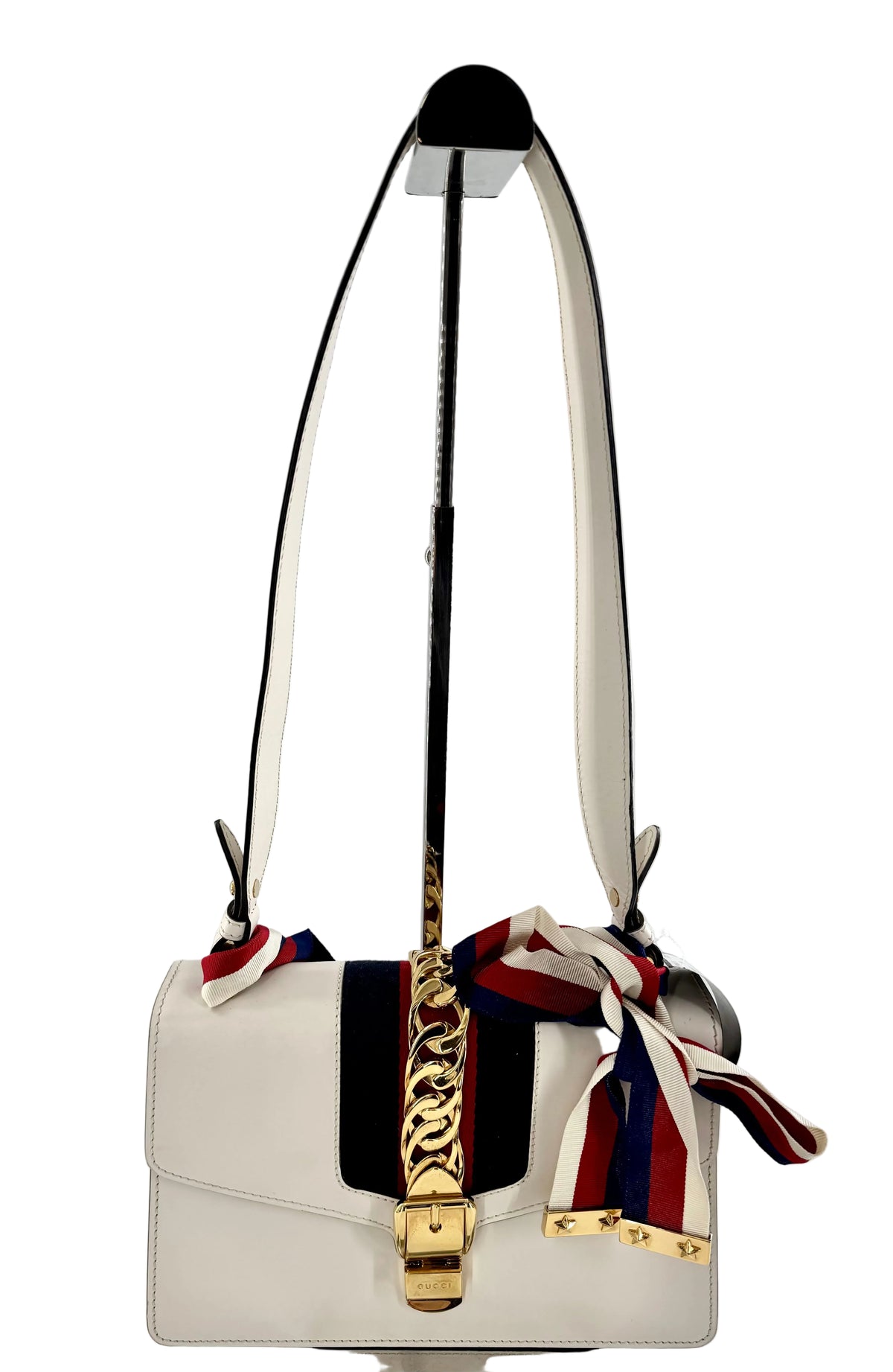 Gucci Calfskin Small Sylvie Shoulder Bag Off White w/ Ribbon Strap