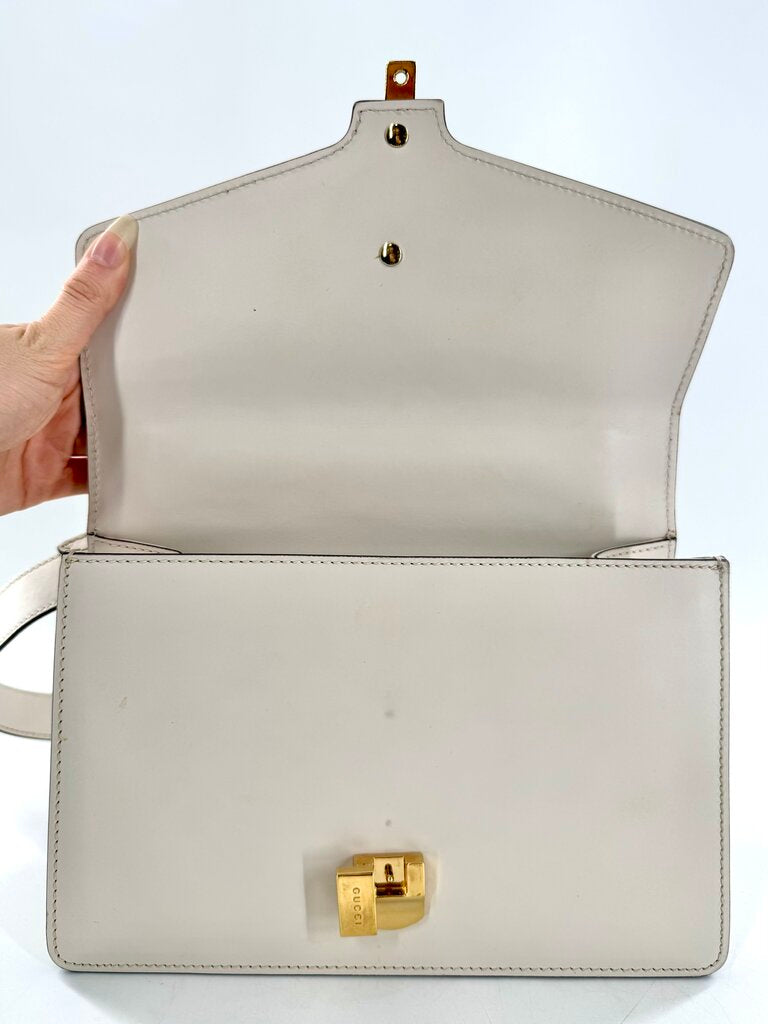 Gucci Calfskin Small Sylvie Shoulder Bag Off White w/ Ribbon Strap