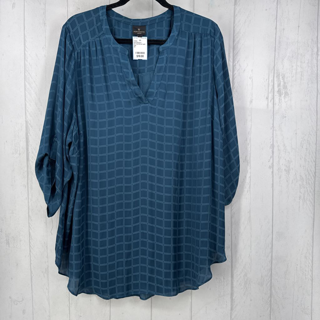 2X checkered split neck tab slv top