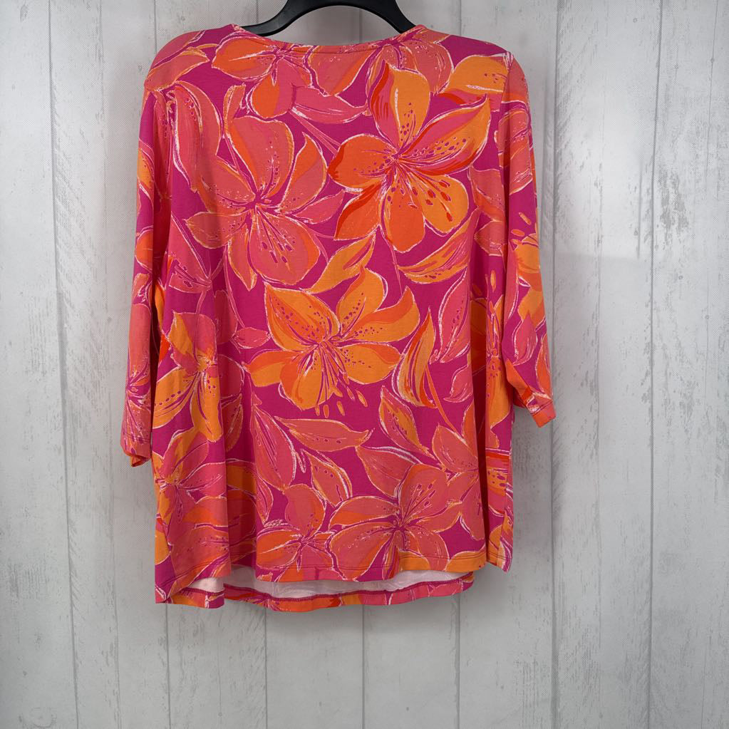 XL flo print 1/2 zip s/s top